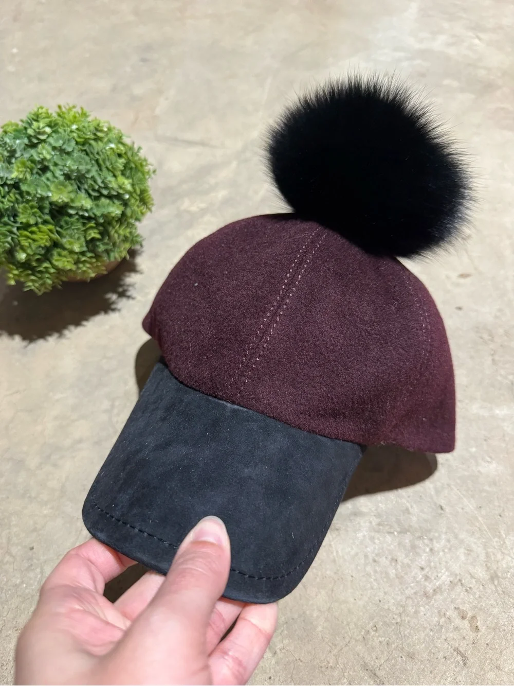 Adrienne Landau Baseball Cap Pom Pom Hat 100% Wool Real Fox Fur Burgundy Black